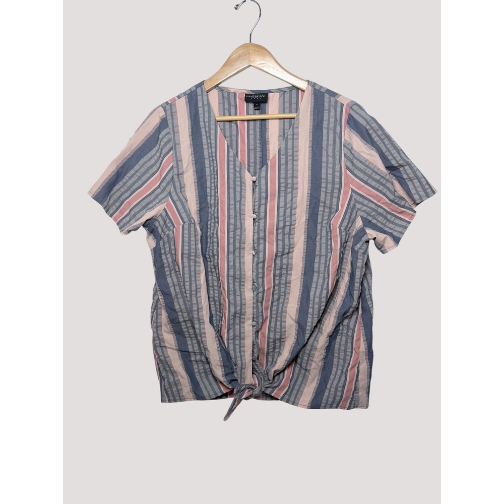 Lane Bryant Button Front Top Women 18 Blue Pink Striped Tie Hem V-Neck